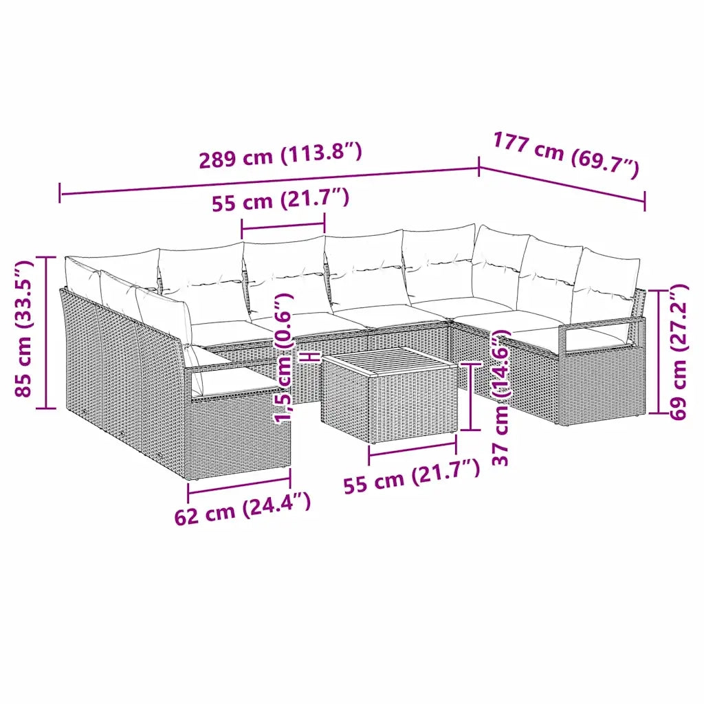 Set Divano da Giardino con cuscino 10 pcs Beige polyrattan 3347749