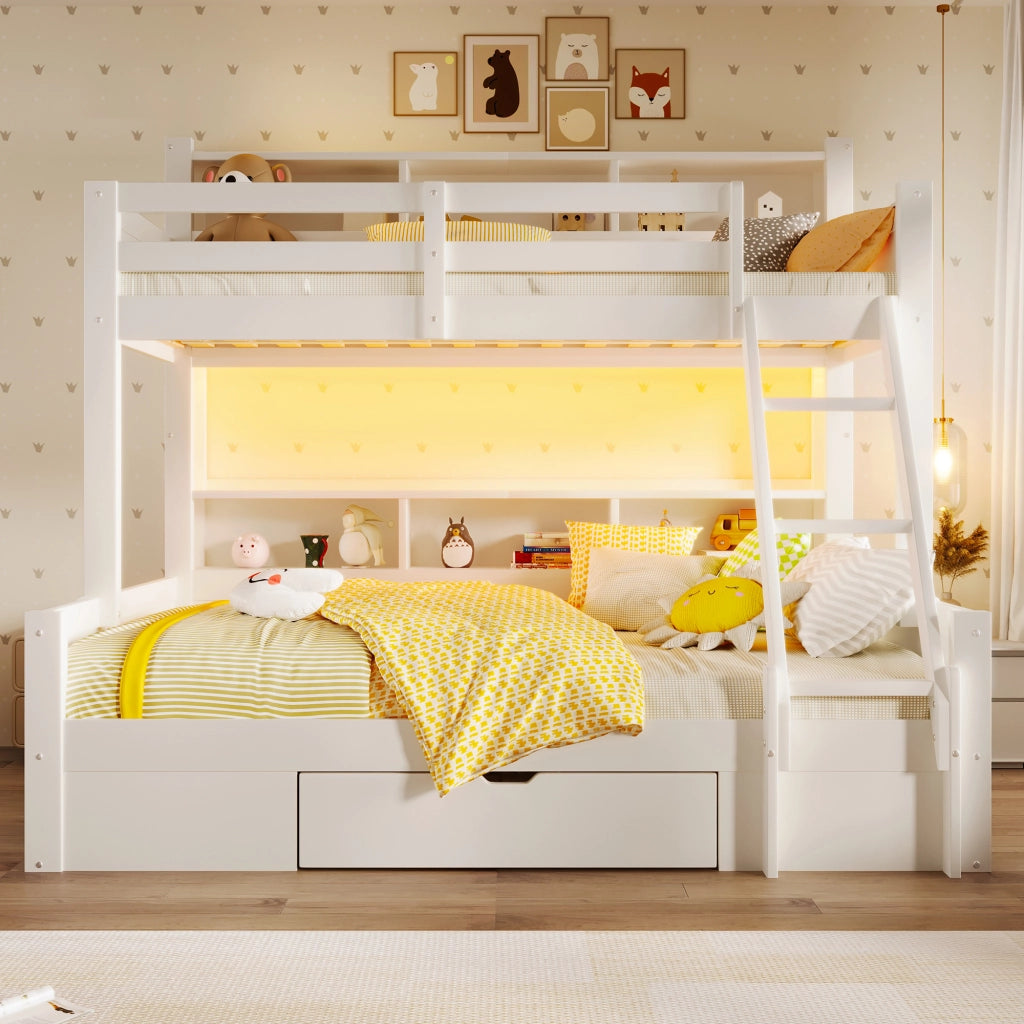LETTO A CASTELLO 90x200 cm + 140x200 cm in legno bianco con LED