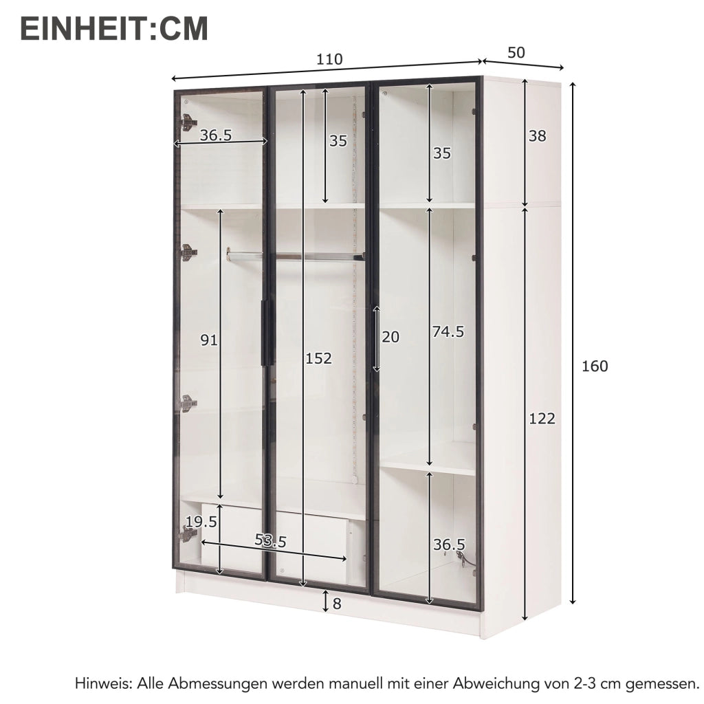 Armadio Bianco con 3 Porte in Vetro, Cassetto e Appendiabiti LED ¨C Xylo ¨C 110x50x160 cm