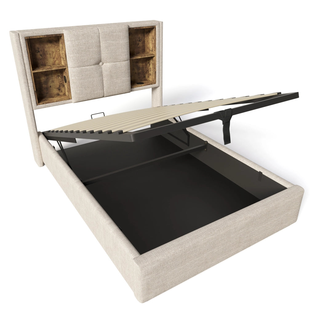 OKWISH Letto Contenitore 90×200 cm, Letto Singolo con Ricarica Wireless, USB e Tipo C, Testiera con Vani a Giorno, senza Materasso, Lino Naturale