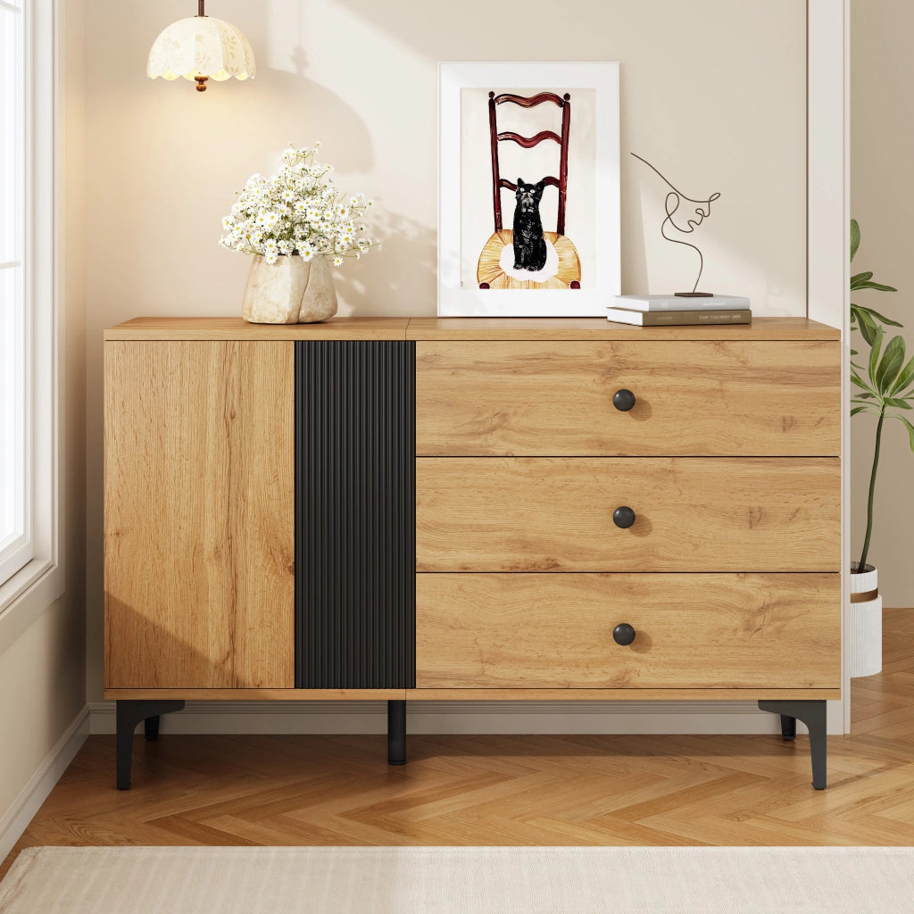 Credenza Moderna Legno e Nero Mobile Buffet 120 cm con 3 Cassetti e Anta