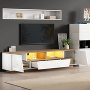 Mobile TV da 180x40x46 cm con 2 cassetti, 2 armadi e LED, design lucido frontale, colore bianco e legno naturale, per TV fino a 75 pollici
