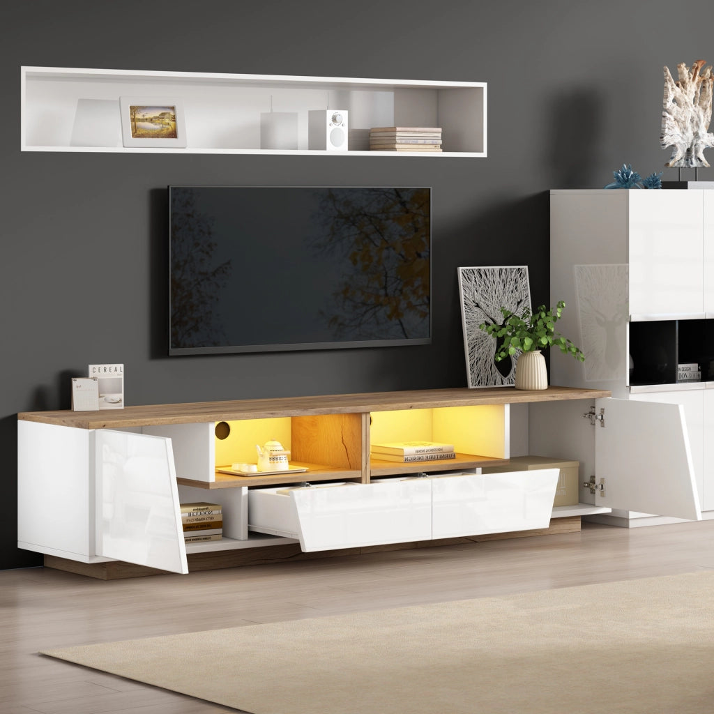Mobile TV da 180x40x46 cm con 2 cassetti, 2 armadi e LED, design lucido frontale, colore bianco e legno naturale, per TV fino a 75 pollici