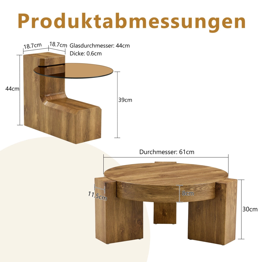 Set di 2 tavolini da salotto separabili Ø61 cm e Ø44 cm in MDF e vetro marrone
