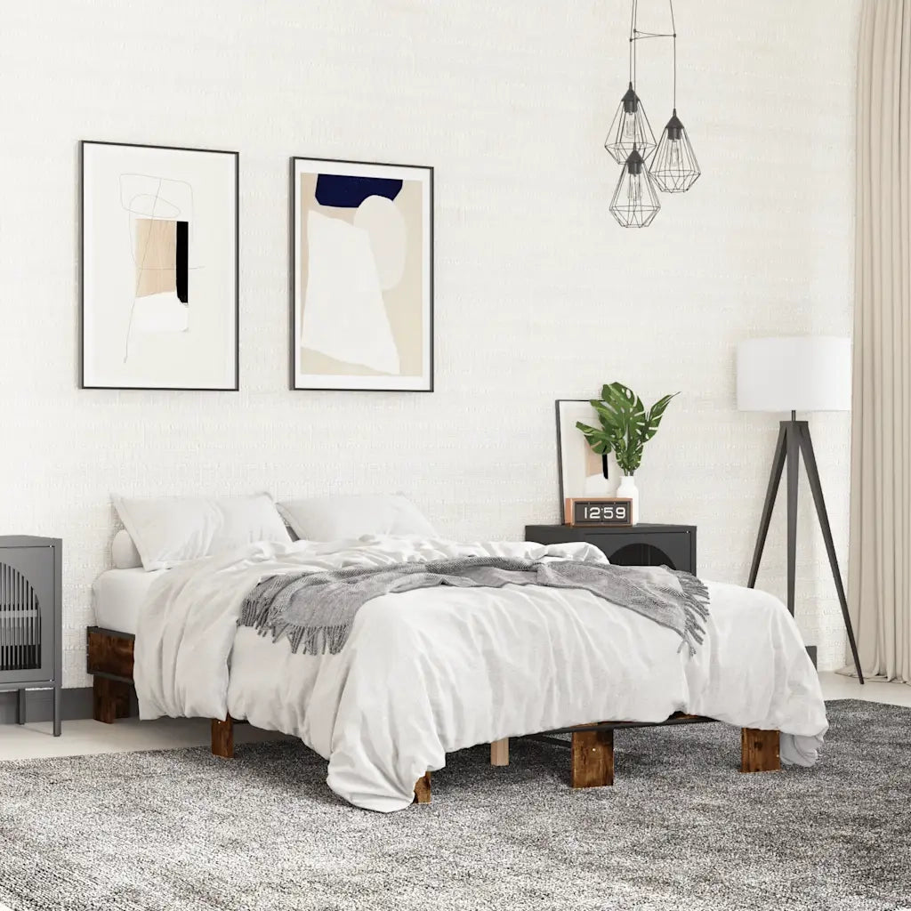 Letto matrimoniale | Letto per adulti | Giroletto Rovere Fumo 140x190 cm in Legno Multistrato Metallo