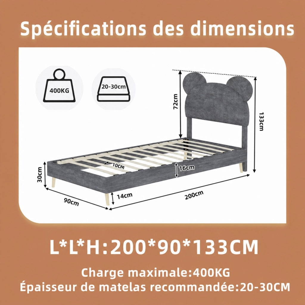 DESMIU Letto per bambini 90 × 200 cm con testiera cartoon, vano pneumatico, senza materasso, grigio