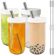 Tazza da Bubble Tea con coperchio e cannuccia, 730 ml, tazza per smoothie, 4 bicchieri da drink, tazza Mason Jar, riciclabile, Tazza per caffè freddo con cannuccia.