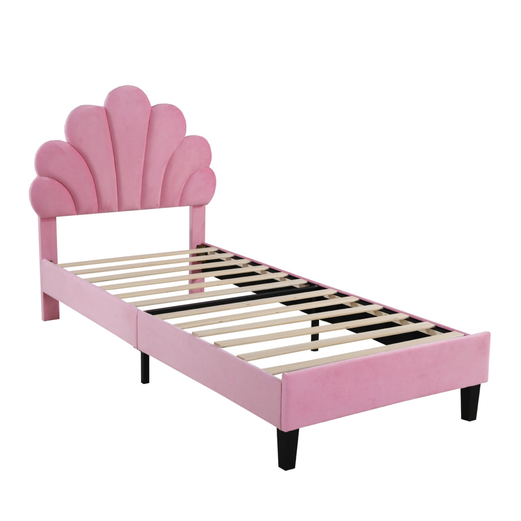 Letto singolo 90x200 cm con testiera a fiore e rete a doghe; velluto rosa