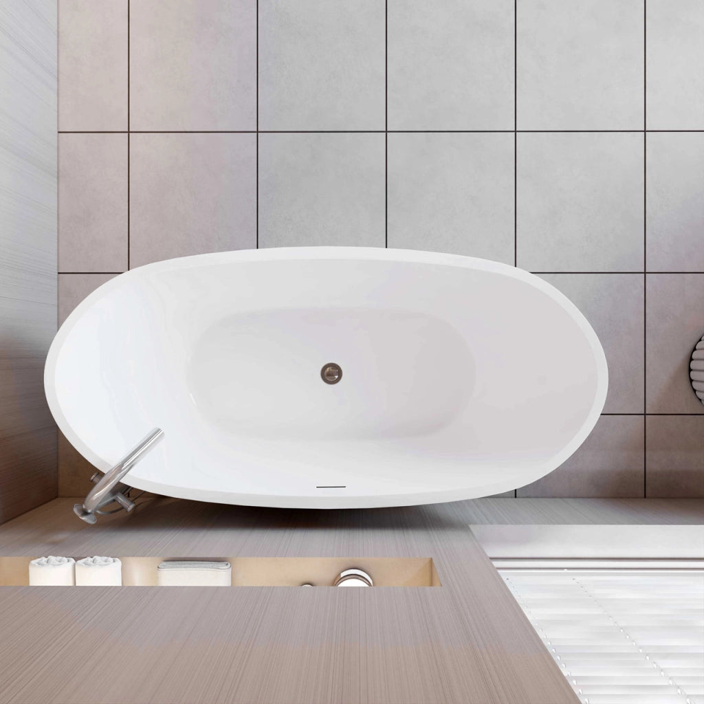 Vasca da Bagno a Isola Freestanding in Acrilico da 150x72x65 cm, Colore Bianco, Forma di Barca Ovale