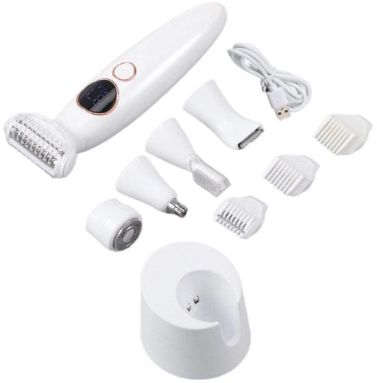 Trimmer 5 in 1 per donne con stazione di ricarica USB, elettrotosta per corpo, viso, braccia, gambe, ascelle e linea bikini, elettrotosta per donne impermeabile