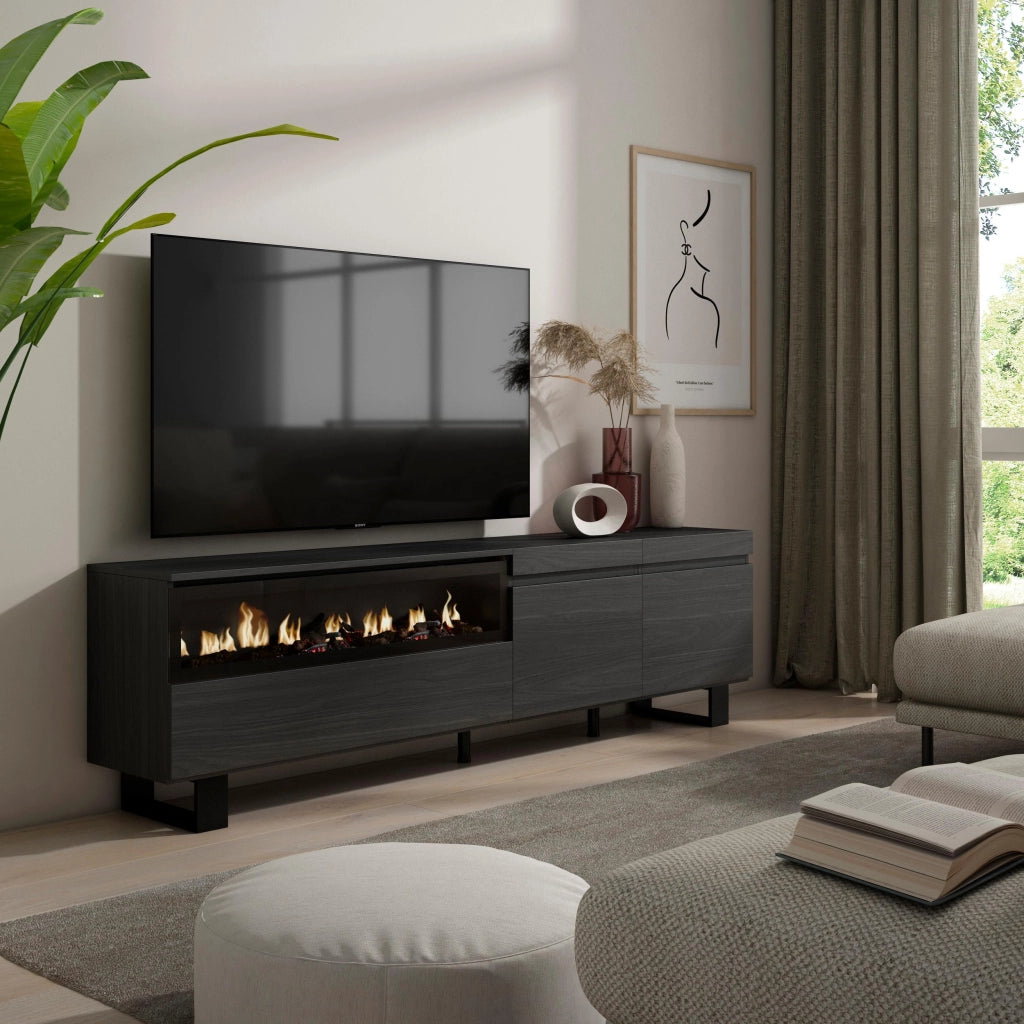 Mobile TV, 200x35x57cm, soggiorno, Per TV fino a 80", Camino elettrico, Design industriale, Nero RF2182