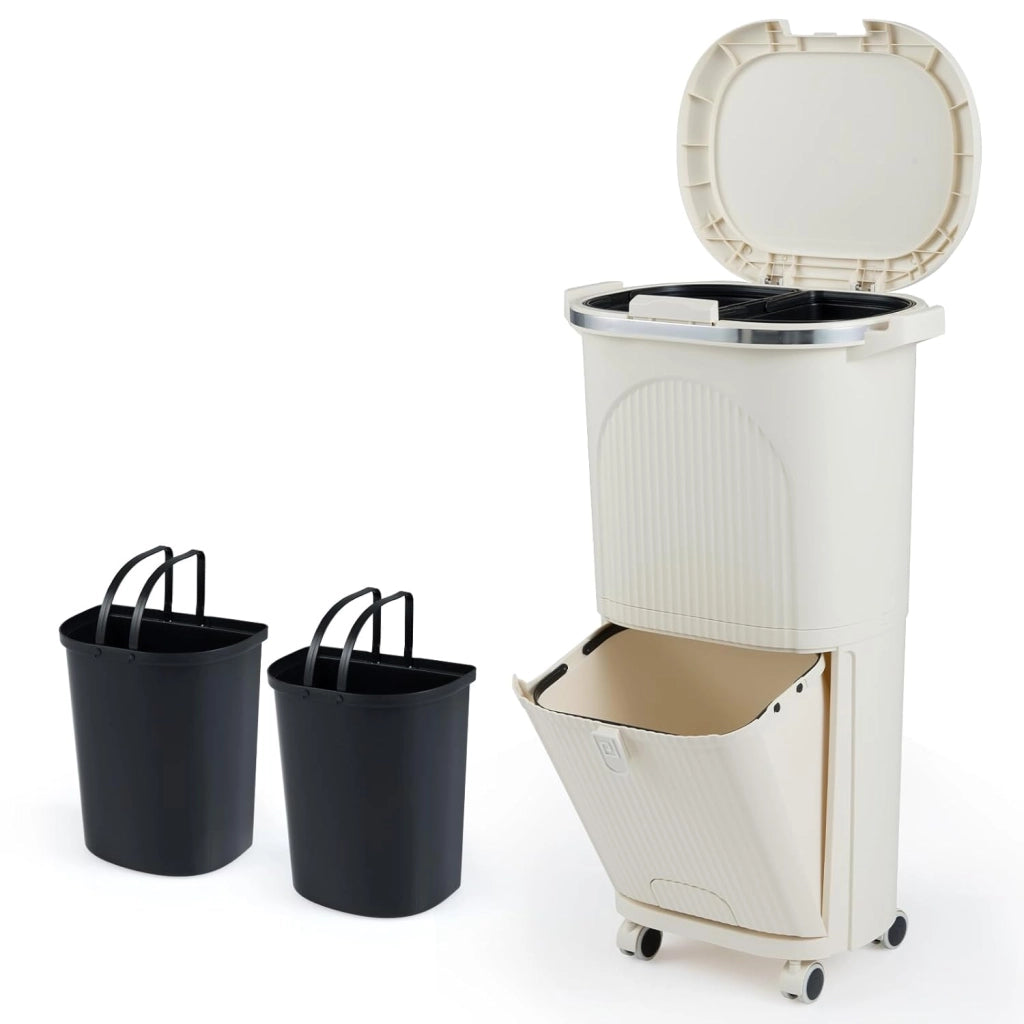 Pattumiera da cucina a 3 scomparti, 38 l, pattumiera con ruote, pattumiera a pedale con coperchio, pedale e manico, a doppio piano, in plastica, sistema di raccolta differenziata della