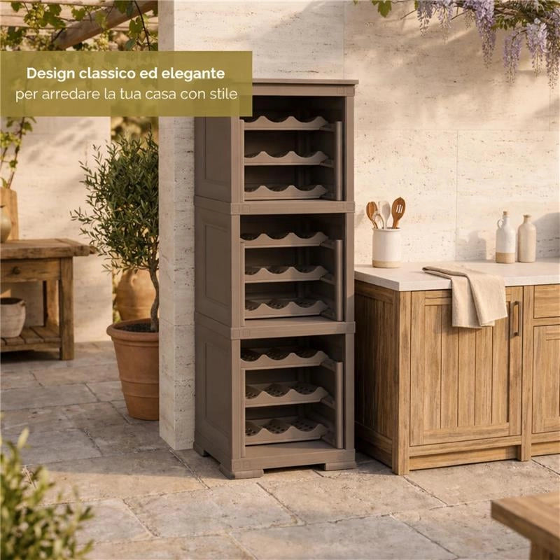 SCAFFALE PORTABOTTIGLIE 27 BOTTIGLIE WENGÉ 40X42,5X125 CM – CANTINETTA A VISTA 3 MODULI PER CUCINA E ZONA PRANZO