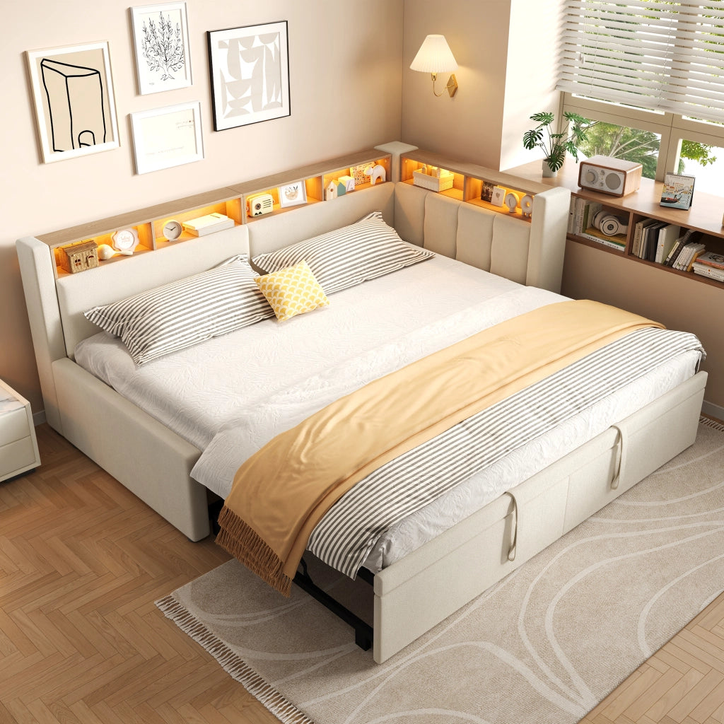 Letto singolo estraibile 90x200 cm in lino e MDF; beige; con LED e testiera contenitore