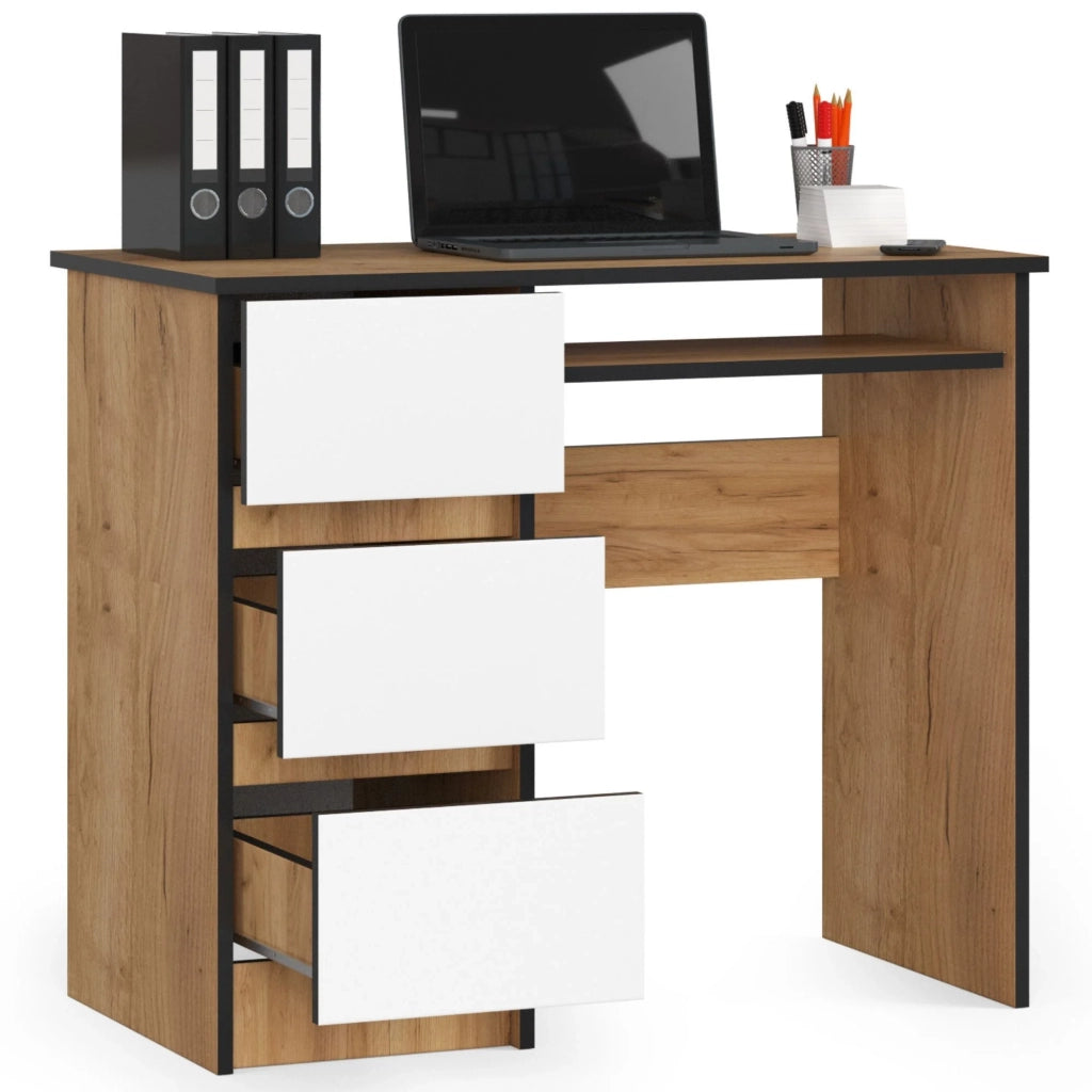 Scrivania per computer AKORD A6 Quercia Craft 90 cm 3 cassetti inserto frontale Bianco 90x50x77 cm Modello a sinistra
