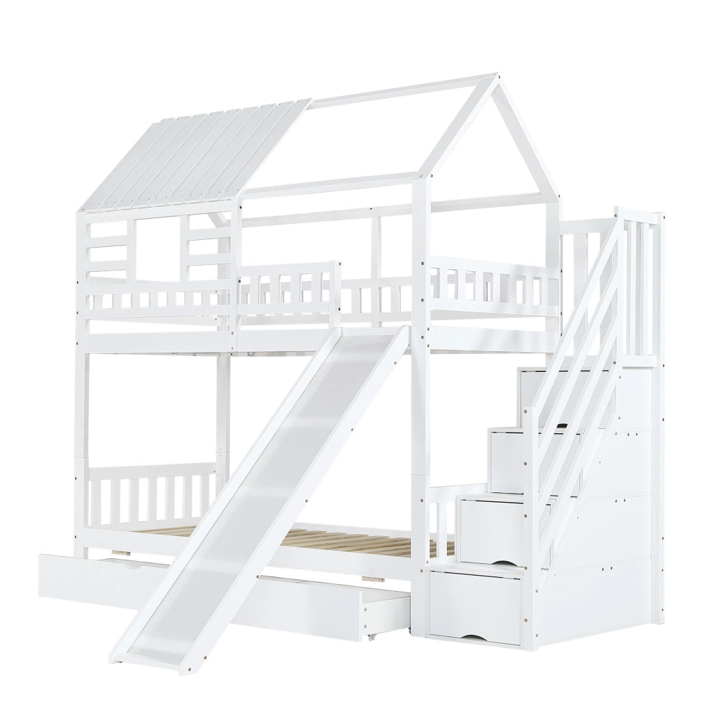 Letto a Castello 90x200 cm con Scala; Scivolo; Contenitori e Cassetti in Bianco