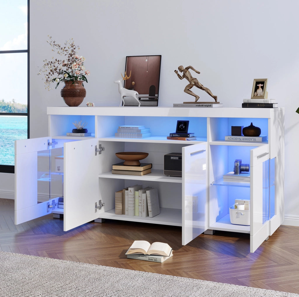 Sideboard moderno bianco 140x40x70 cm con luce a LED e vetro temperato