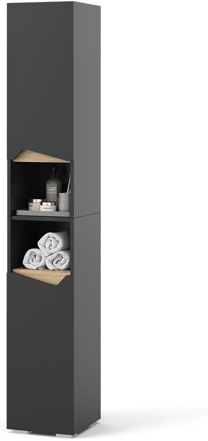 Armadio per il bagno Marelle, Antracite/Artisan, 30 x 180 cm con porte e vani aperti, per la conservazione di articoli da bagno e asciugamani