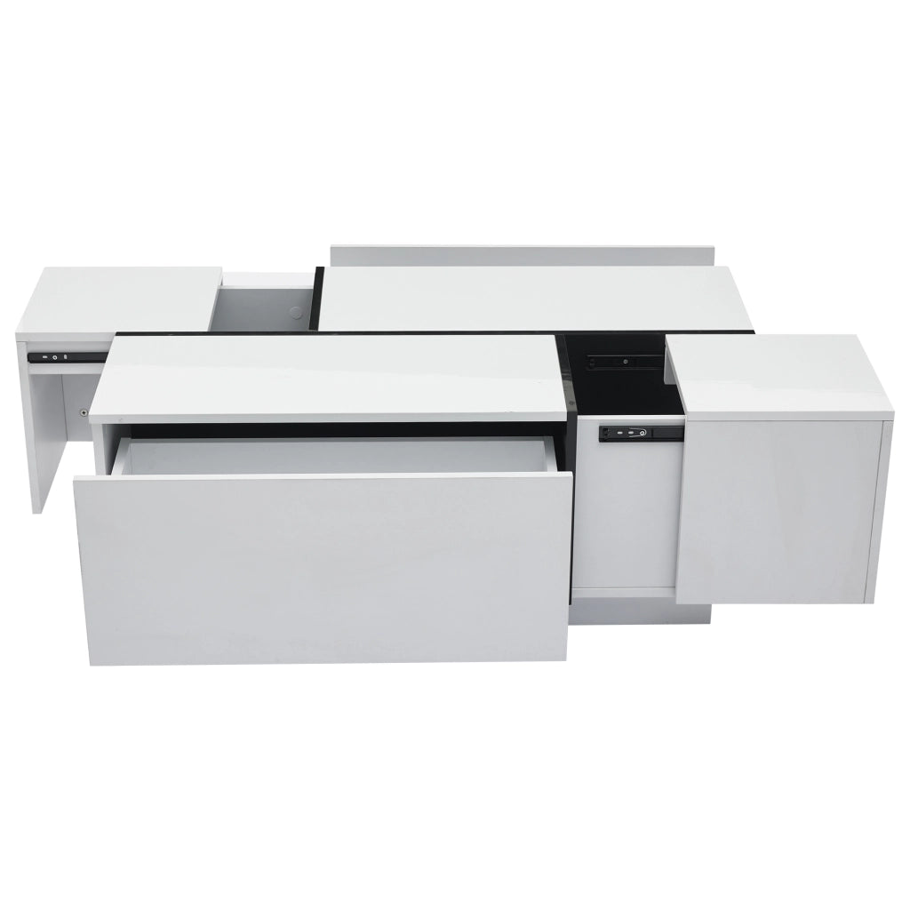 Tavolino da Salotto Quadrato con 4 Cassetti e Piano Scorrevole; Bianco Lucido; Stile Moderno; in Pannelli di Particelle; 100×60×40 cm; Bianco
