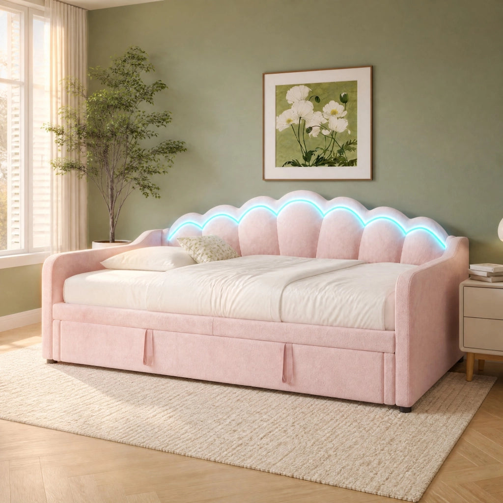 LETTO Divano estraibile 90x200 cm velluto rosa con LED regolabile