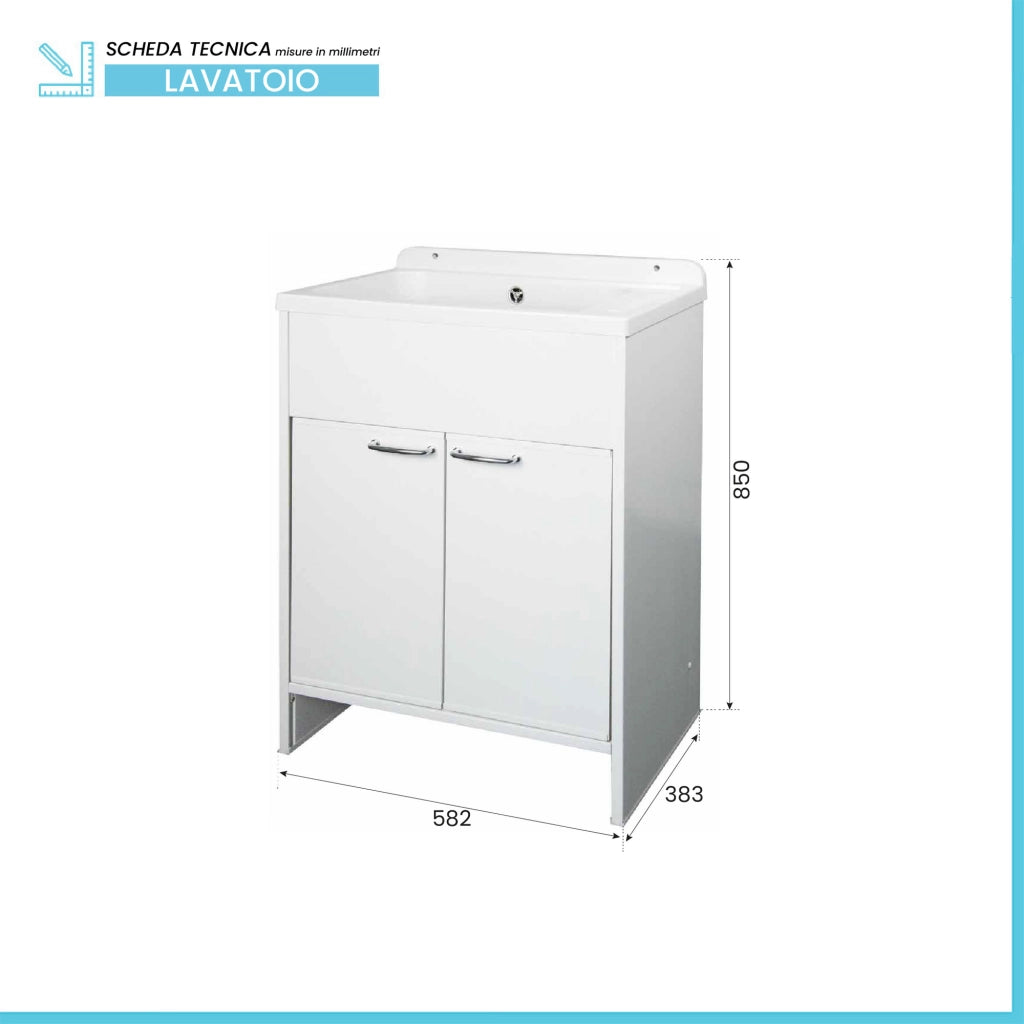 Mobile lavatoio salvaspazio in PVC bianco 58cm con vasca e piletta in acciaio inox