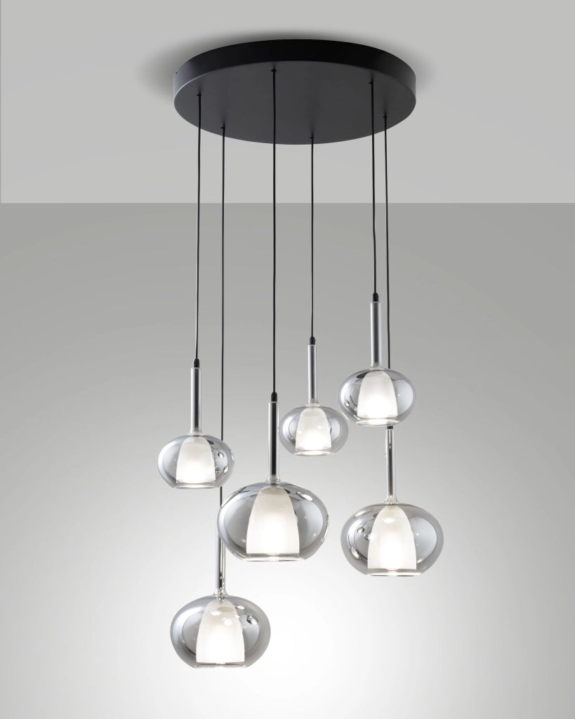 Lampada a Sospensione Edolo Ø530mm in metallo e vetro borosilicato Fumé, attacco E27+E14 6x40W, Classe 1, IP20, Design Moderno - Edolo