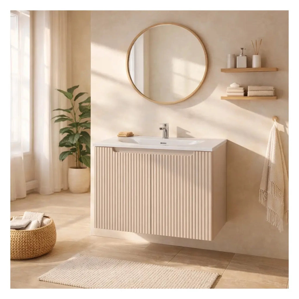 Insieme VANO cachemire e bianco 80cm: mobile sotto lavabo con armadietti a scanalature verticali + lavabo incassato bianco