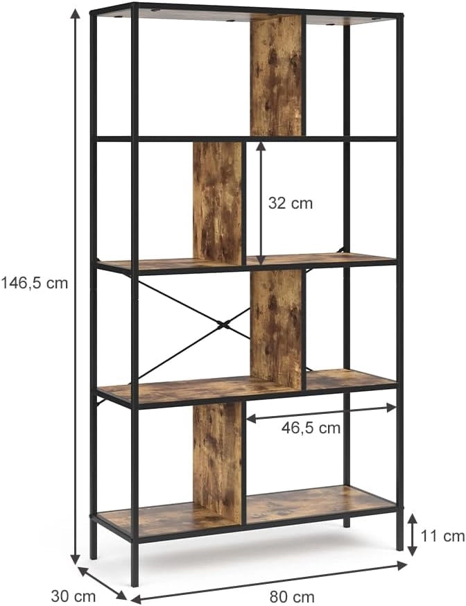 Divisorio per ambienti Fyrk, Legno antico, 80 x 146 cm, utilizzabile come divisorio con struttura in metallo e ripiani aperti