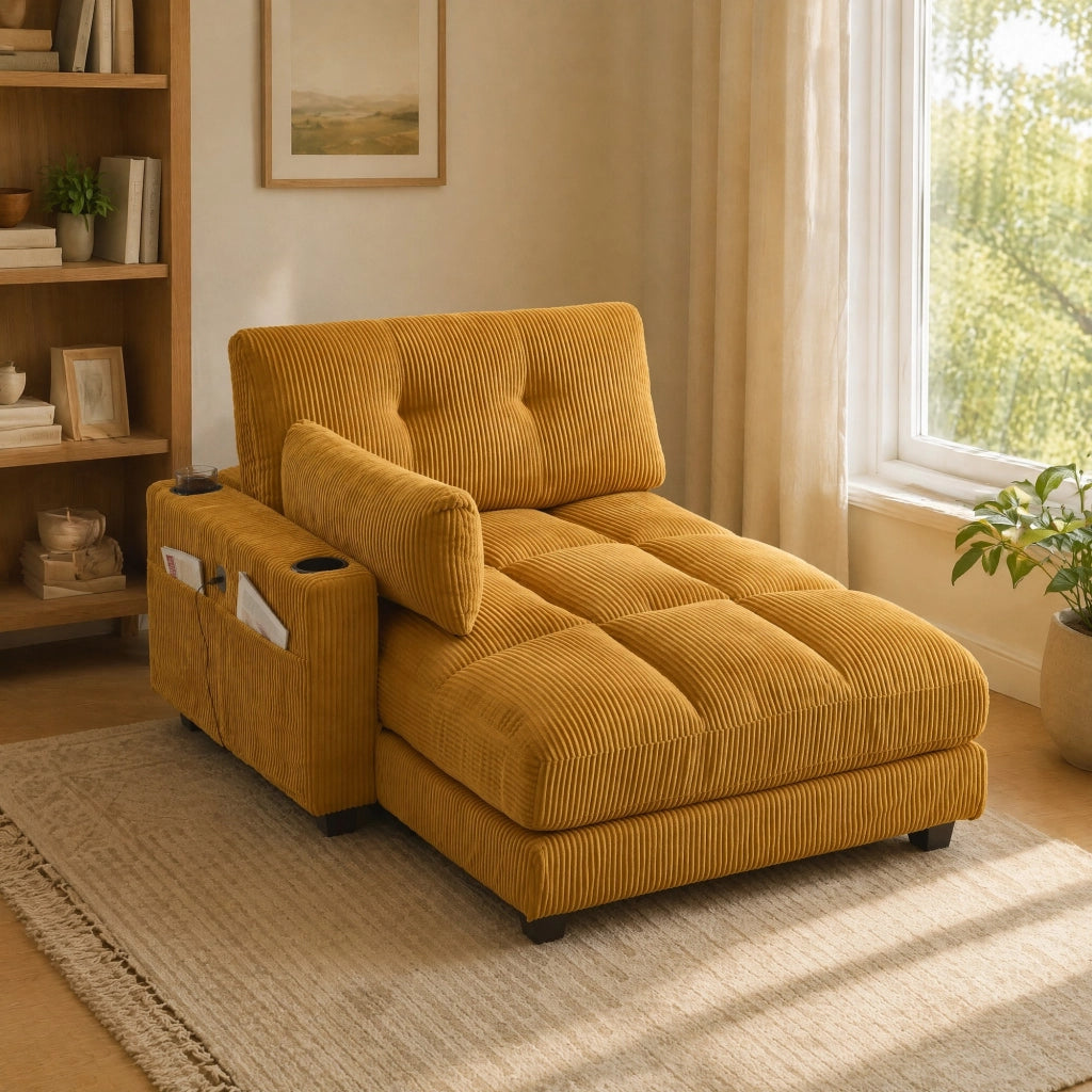 POLTRONA relax 140x112x81 cm in velluto a coste giallo senape con porta bicchieri