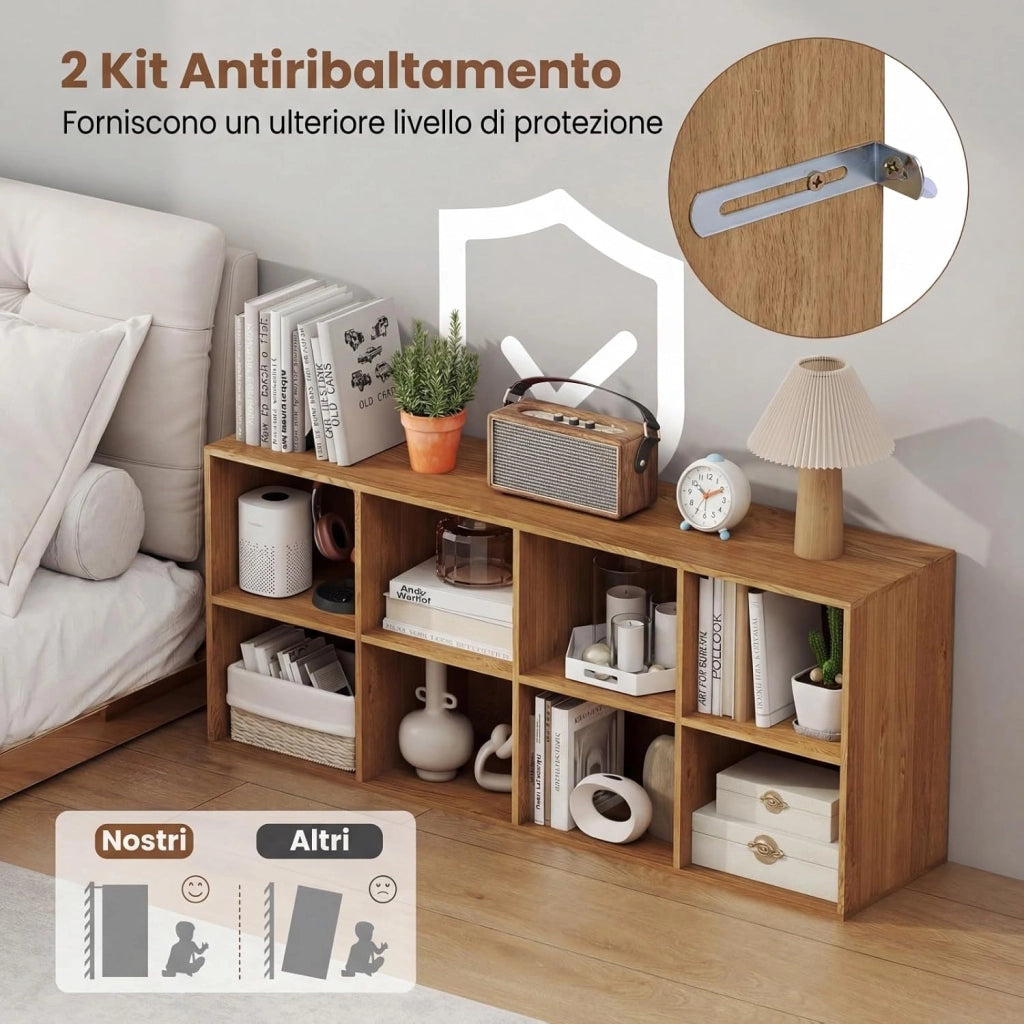 Libreria Scaffale a 8 Cubi Aperti, Libreria Bassa in Legno Salvaspazio, Scaffale Espositivo per Camera da Letto, Soggiorno, Salotto, Ufficio e Studio, 121,5 x 29 x 61 cm (Naturale)