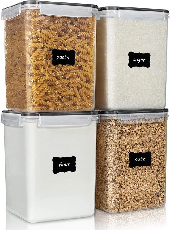 5,2L grandi contenitori a chiusura ermetica, 4-pack contenitori in plastica per organizzare la cucina, BPA-free, contenitori per zucchero e farina con etichette e misurini.