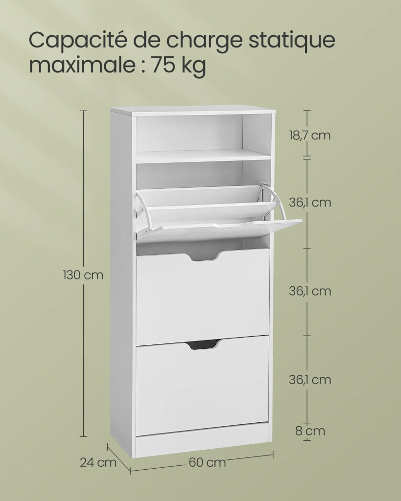 Scarpiera con 3 ante a battente ripiano per scarpe scomparto aperto divisorio regolabile da 14 a 18 paia per ingresso piccolo 24 x 60 x 130 cm bianco 12_0006361