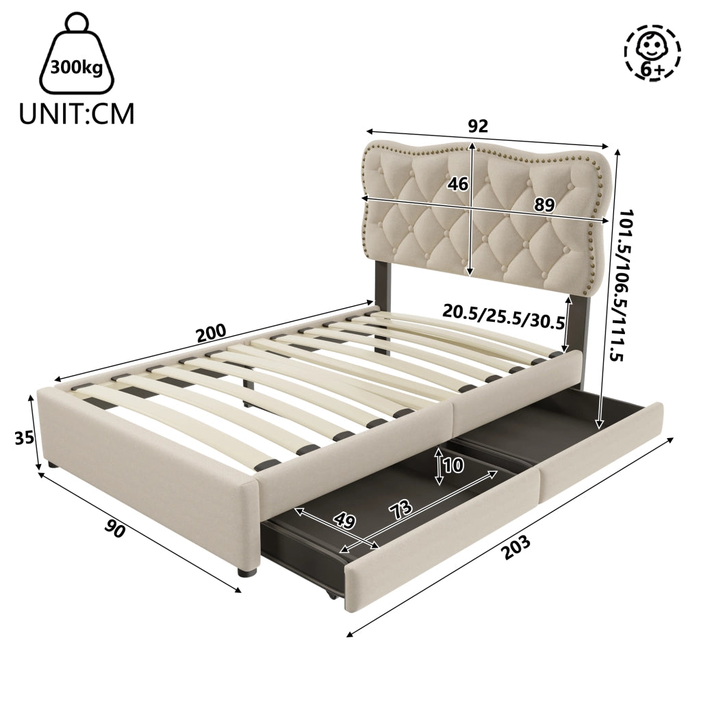 LETTO Imbottito 90x200 cm Dunkelbeige con 2 cassetti