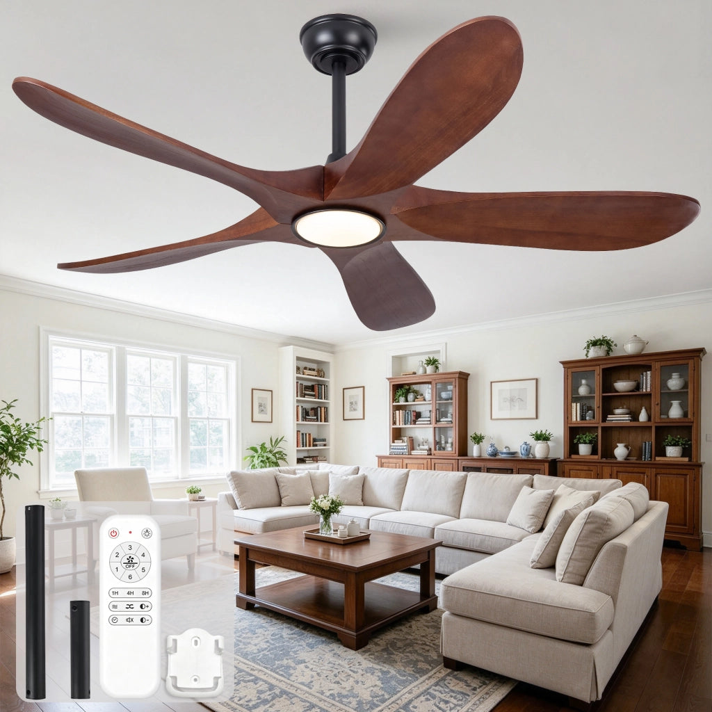 Ventilatore da soffitto 52 pollici con illuminazione e telecomando, 5 pale legno massello, 3CCT dimmerabile, 6 velocit¨¤ silenzioso, per ospiti