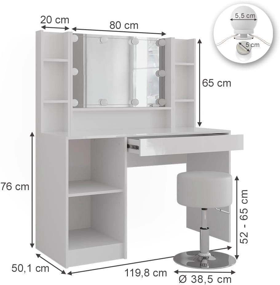 Tavolo da toeletta Sherry, Bianco/bianco lucido, 119.8 cm 6 parti