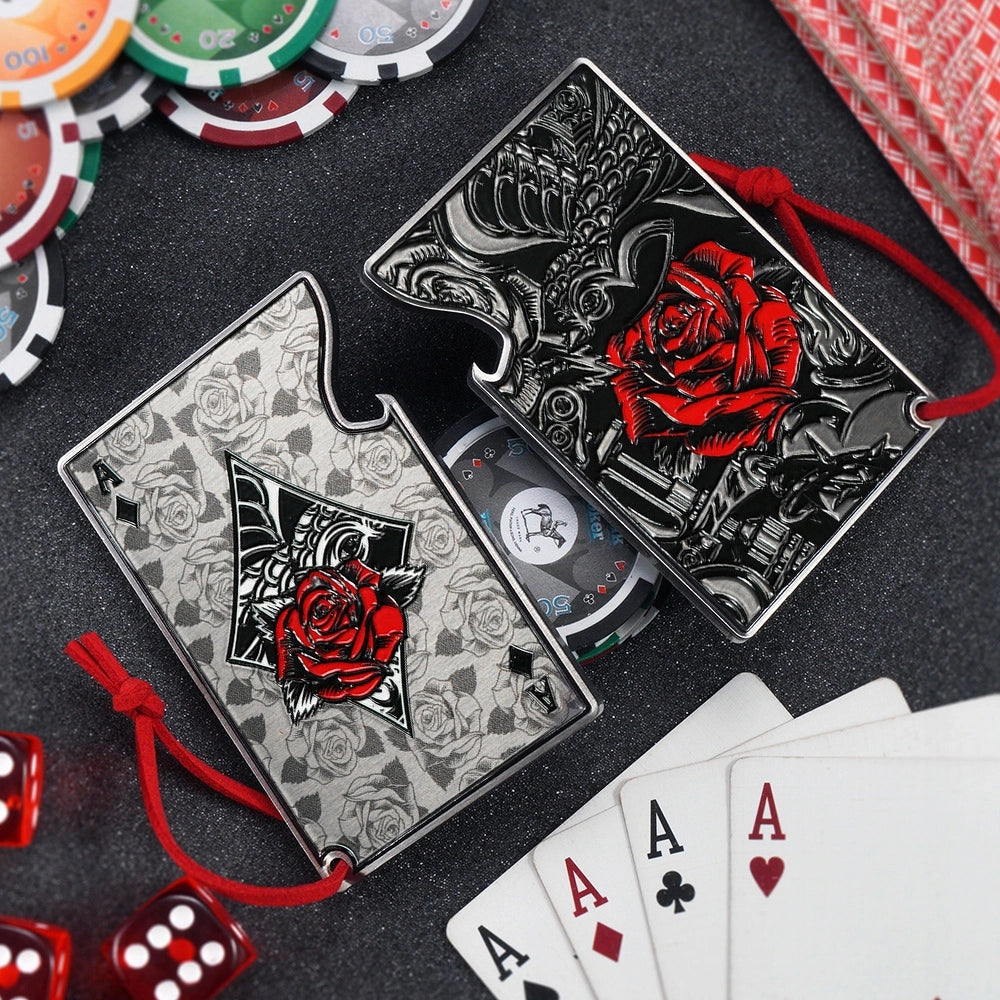 Apribottiglie KADAX in metallo con asso di quadri e carta regalo da poker.