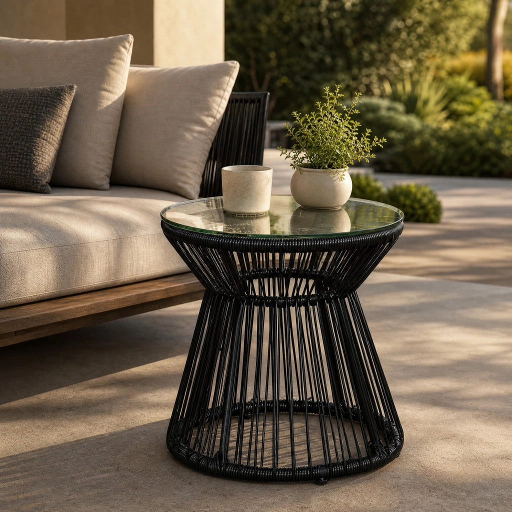 TAVOLINO DA ESTERNO 40x40x42 cm Nero stile Boho in rattan e vetro
