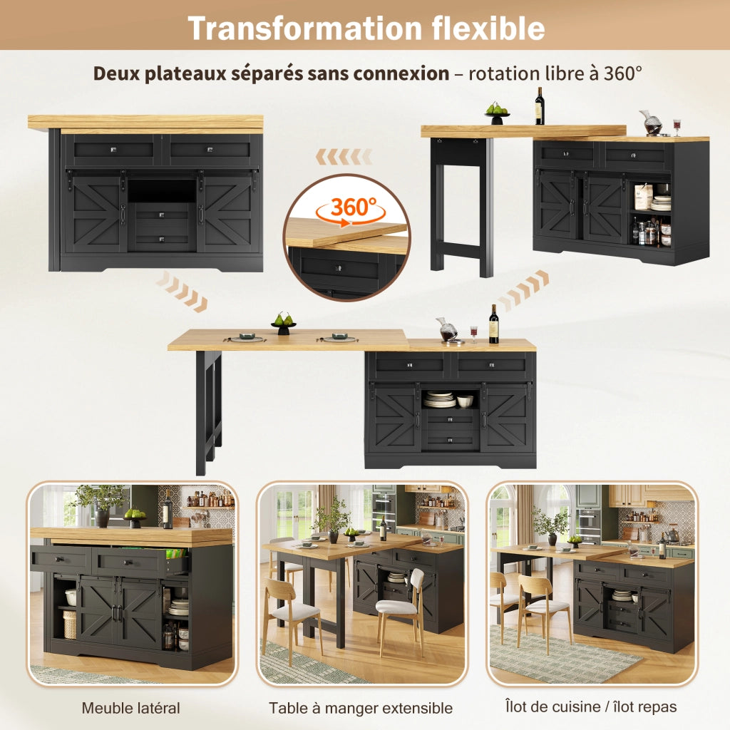 Tavolo da pranzo multifunzione con mobile laterale; ante scorrevoli; pannelli girevoli a 360°; nero; 120 × 40 × 72 cm