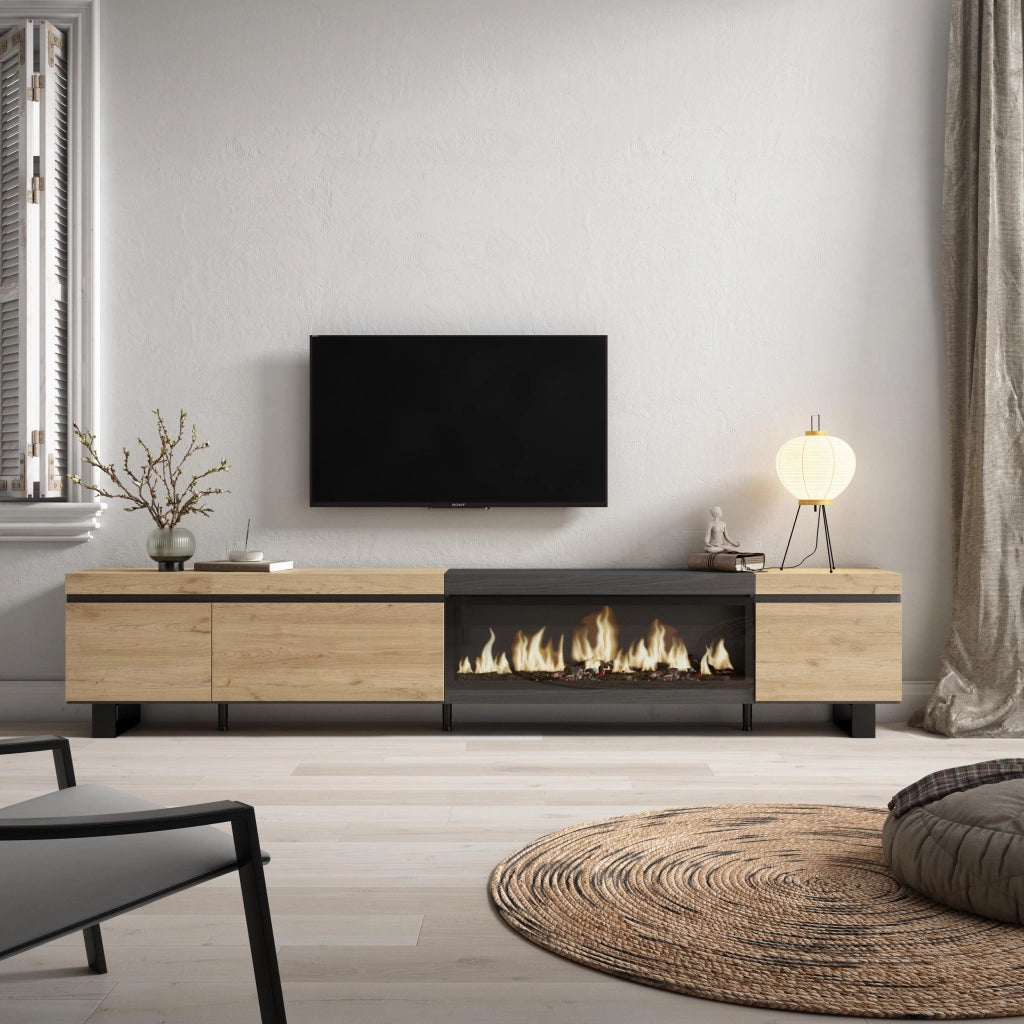 Mobile TV Soggiorno, 288x35x57cm, TV di grande formato, Camino elettrico XXL, Design industriale, colore Rovere e nero RF3616