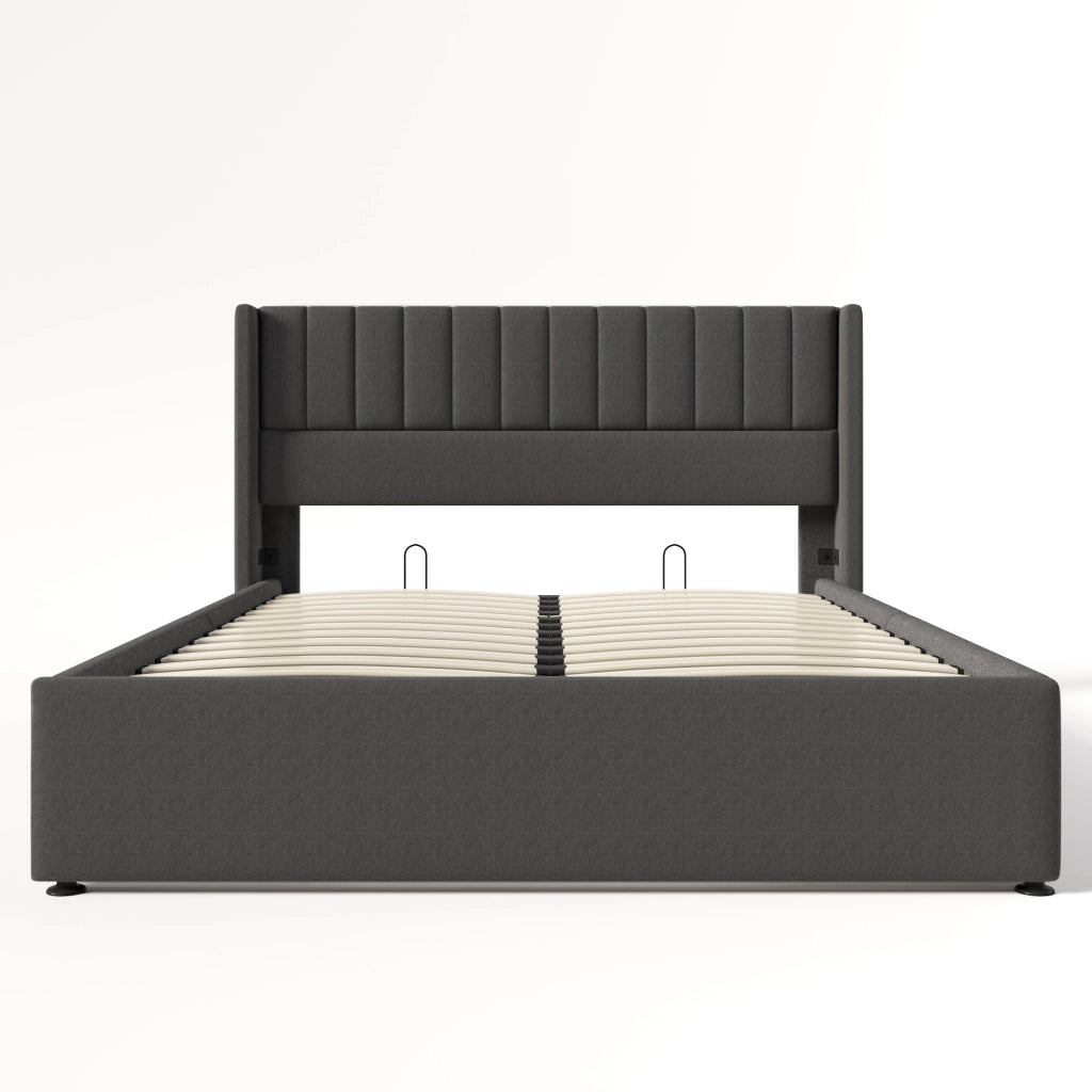 Letto Contenitore 140 x 200 cm; Letto Matrimoniale con Sollevamento Idraulico e Testiera Imbottita; senza Materasso; Grigio