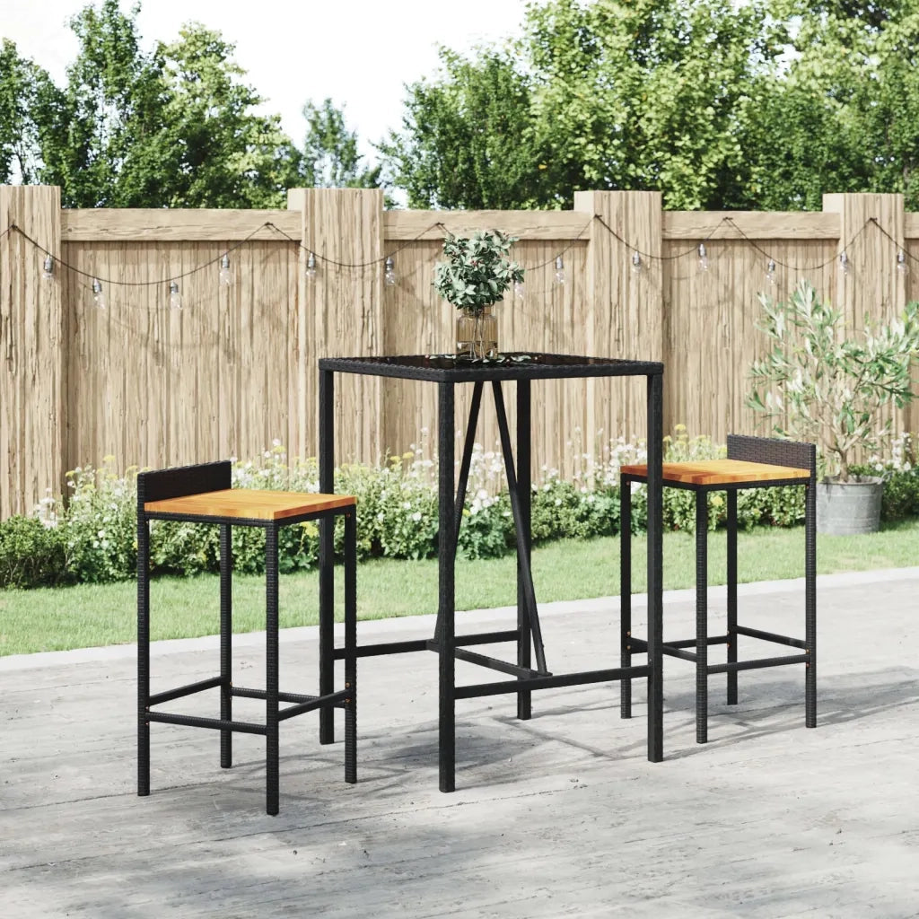 Set Bar Giardino 3 pz Nero Polyrattan e Legno Massello Acacia 3187674