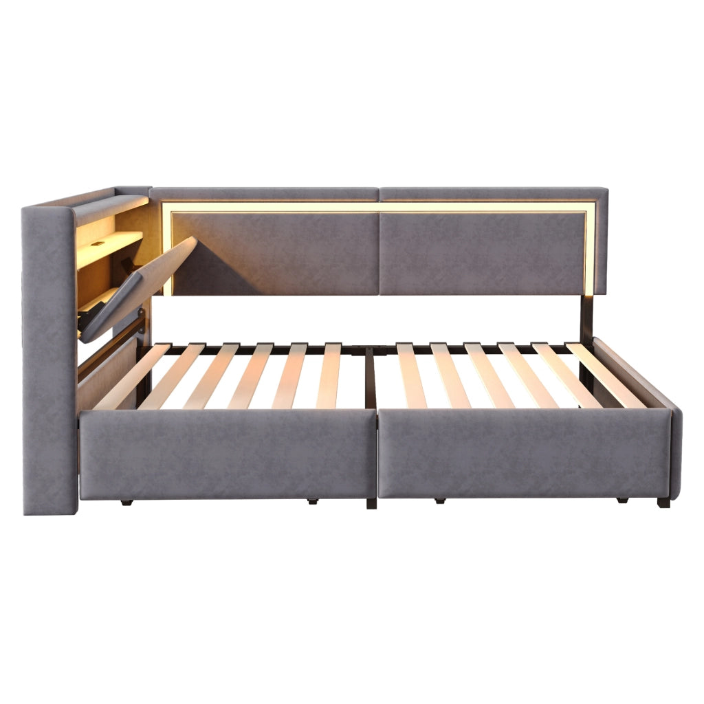 Letto contenitore singolo 90×200 cm con LED; USB; testiera con ripiani e cassetti; senza materasso; velluto; grigio