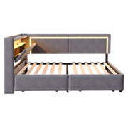 Letto contenitore singolo 90×200 cm con LED; USB; testiera con ripiani e cassetti; senza materasso; velluto; grigio
