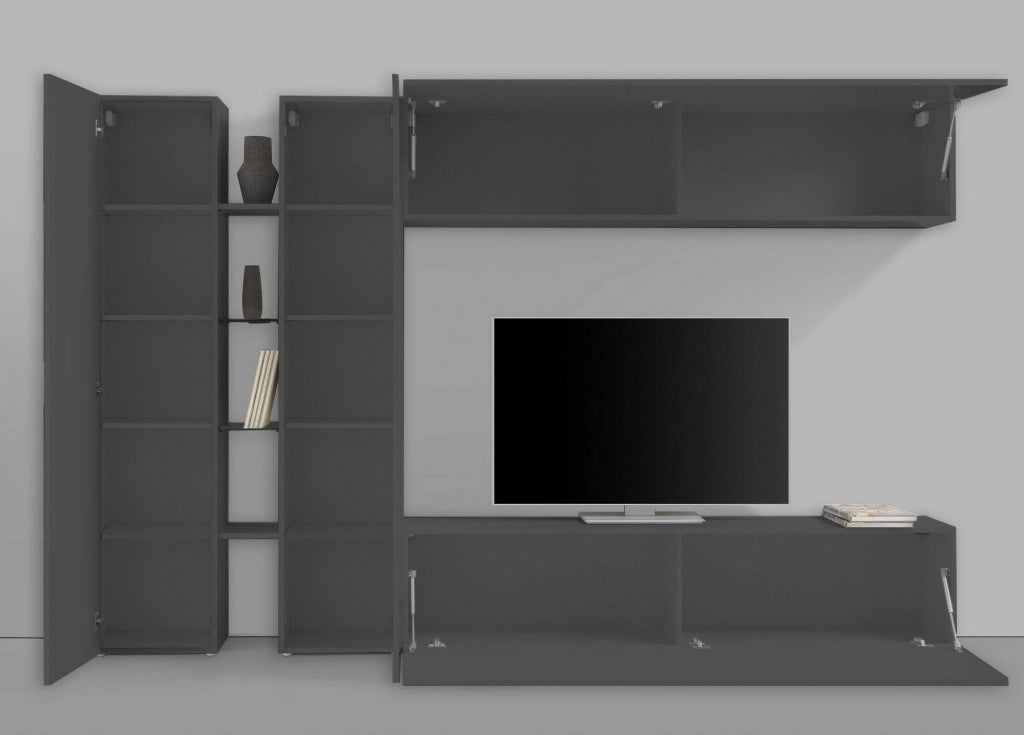 Parete attrezzata Enstatite, Set salotto porta TV a 4 ante, Mobile soggiorno multiuso, 100% Made in Italy, cm 280x30x180, Antracite