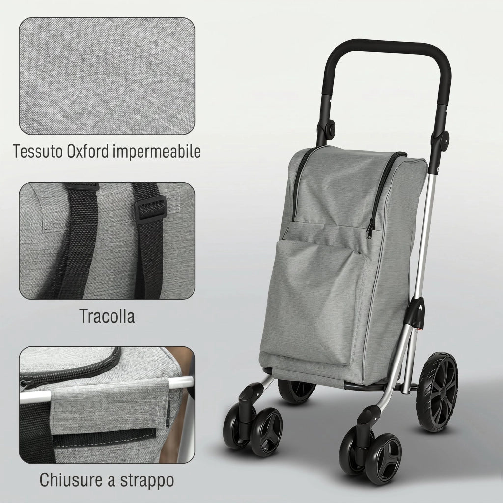 Carrello Spesa Pieghevole 44x58x100 cm Borsa da 46L con Ruote Scomparto Refrigerato in Alluminio Grigio