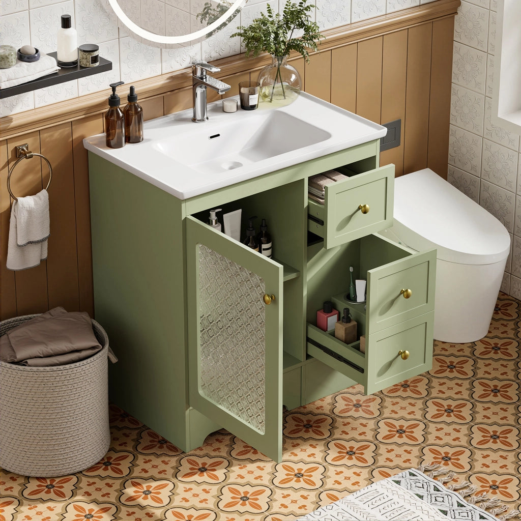 Mobile Bagno con Lavabo in Ceramica, LED, Specchio in Vetro e Maniglie Dorate ¨C MINIMAL ¨C Bianco