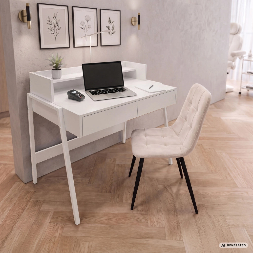 Scrivania industriale per computer Bianca FLUX 78 cm 2 cassetti 1 ripiano gambe bianche