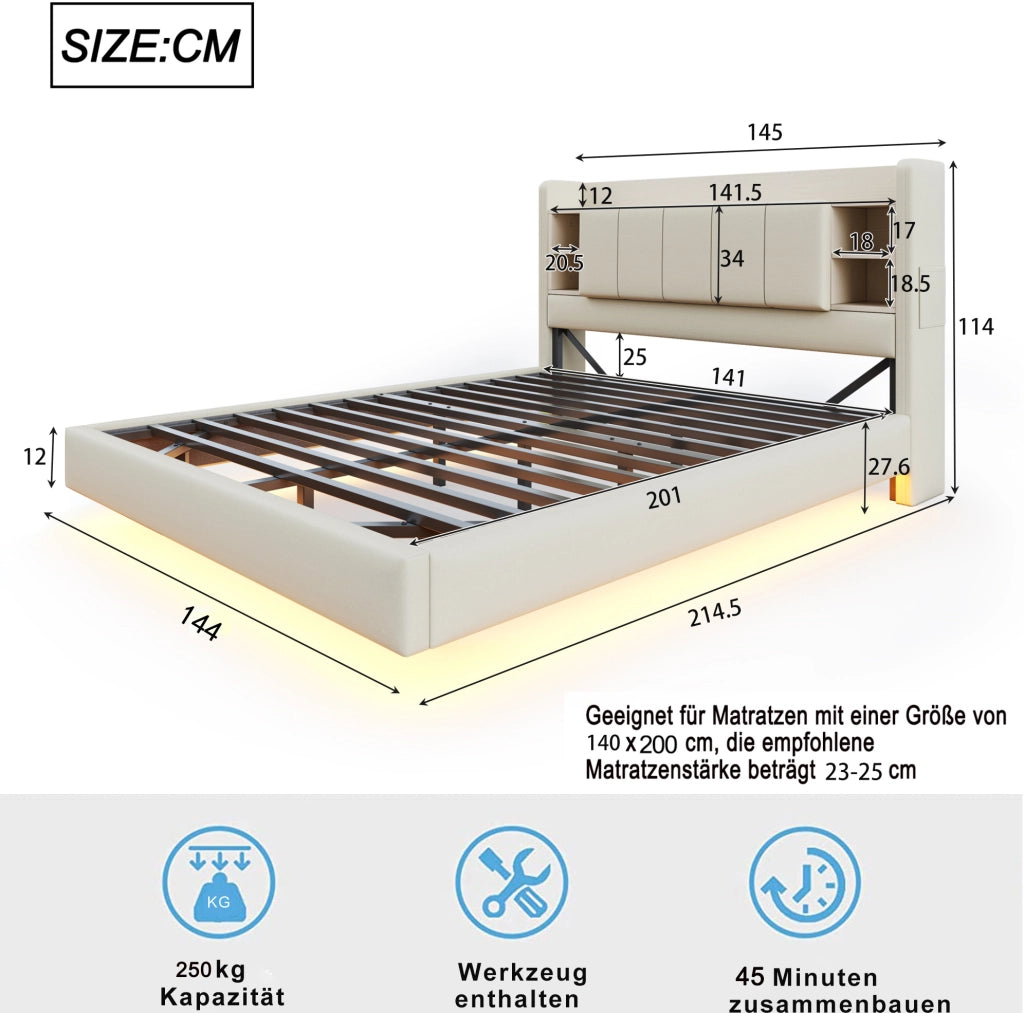 Letto matrimoniale imbottito 140x200 cm beige con LED; porta USB e contenitore nel testiera
