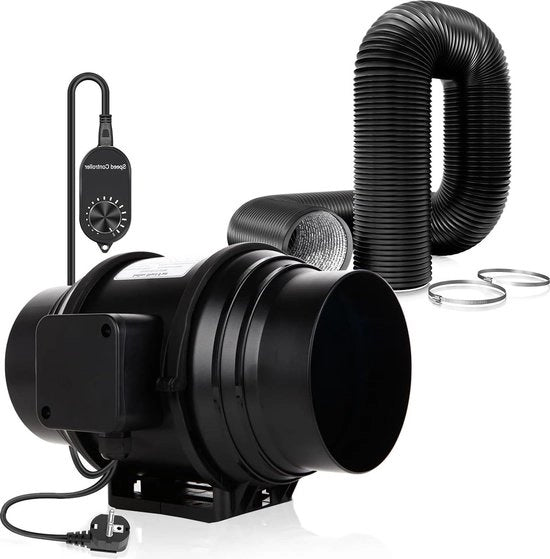 Ventilatore di canale regolabile da 100 mm con 3 metri di tubo - Ventilatore di canale 215 m³/h - Ventilatore per bagno per il raffreddamento del booster - Ventilatori per serra - Ventilazione per coltivazione idroponica