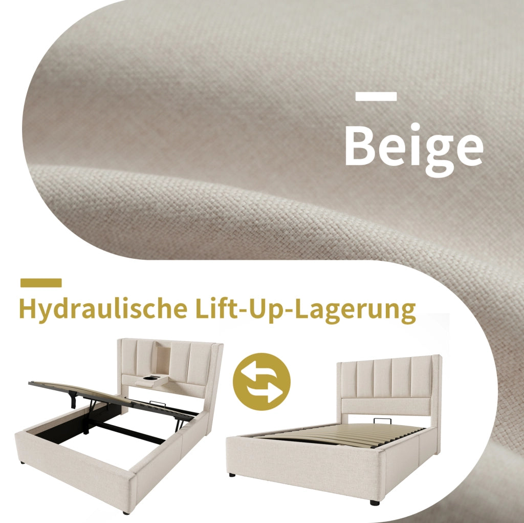 Letto singolo imbottito 90x200 cm con contenitore; stazione di ricarica USB/Type-C e materasso; beige